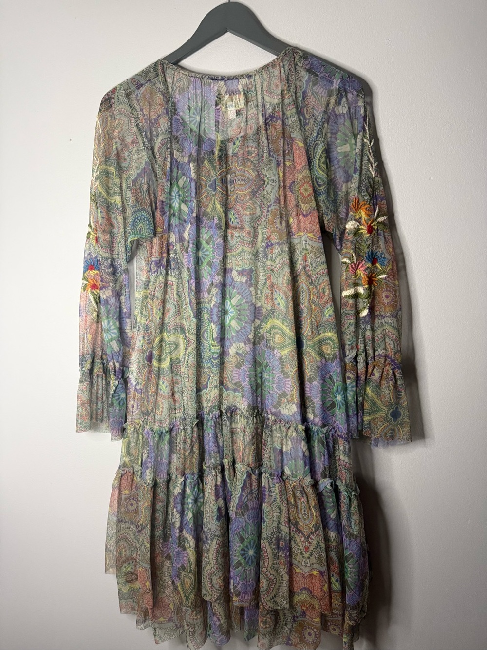 Johnny Was Pastel Floral Embroidered Boho Minidress in Lavender, Mint, Pink - Picture 5 of 6